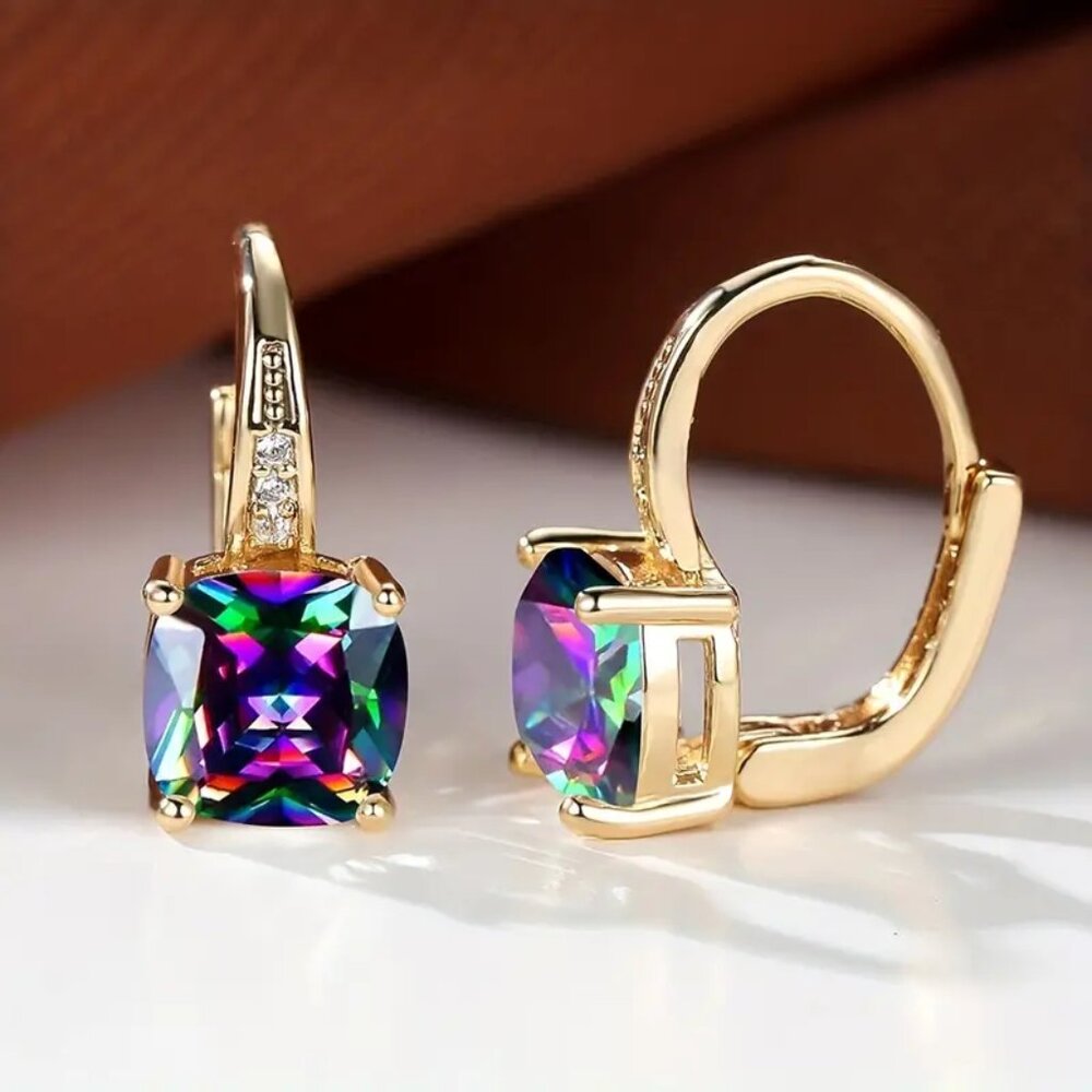 Vibrant Mystic Rose Gold Square Rainbow Color Zircon Earrings